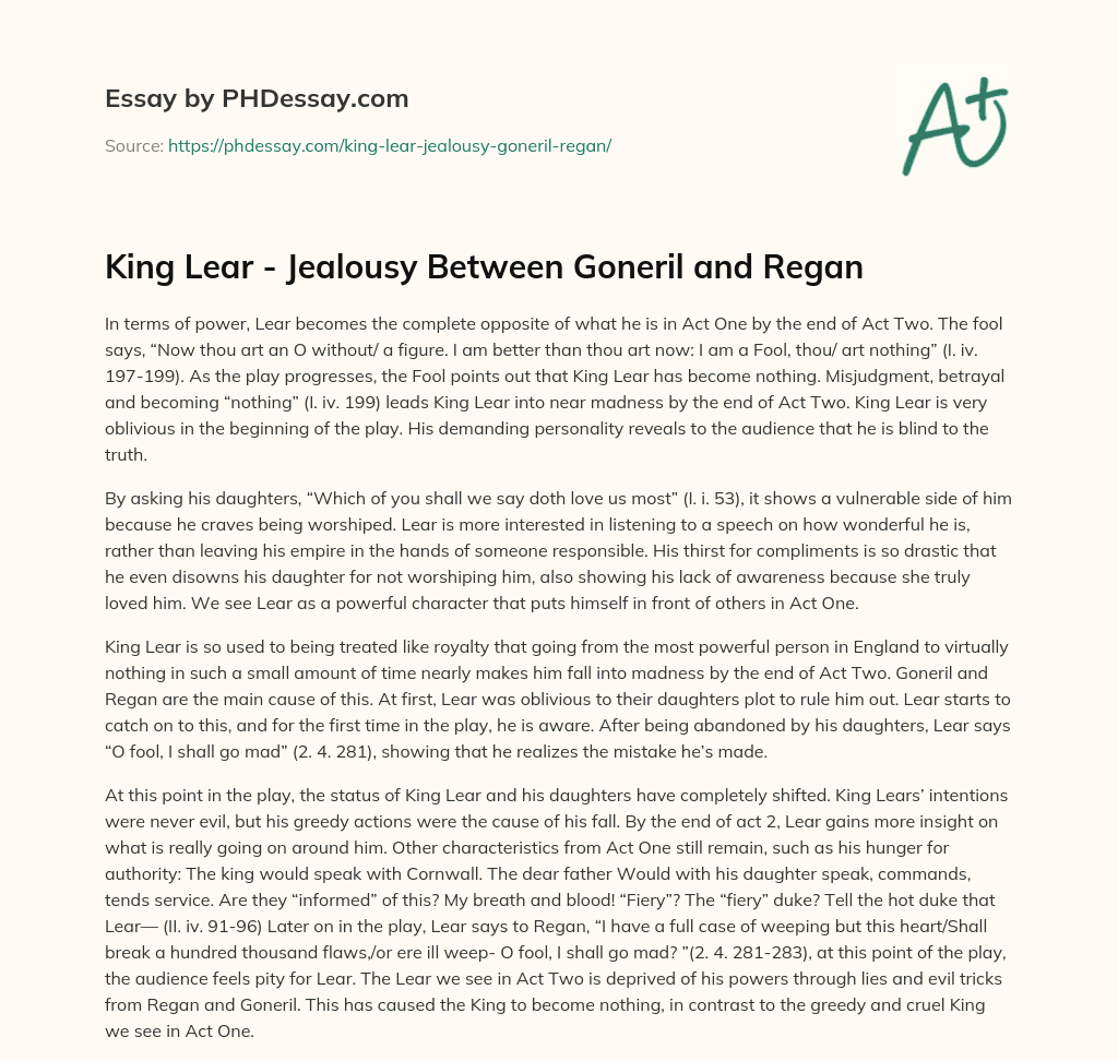 King Lear – Jealousy Between Goneril and Regan essay