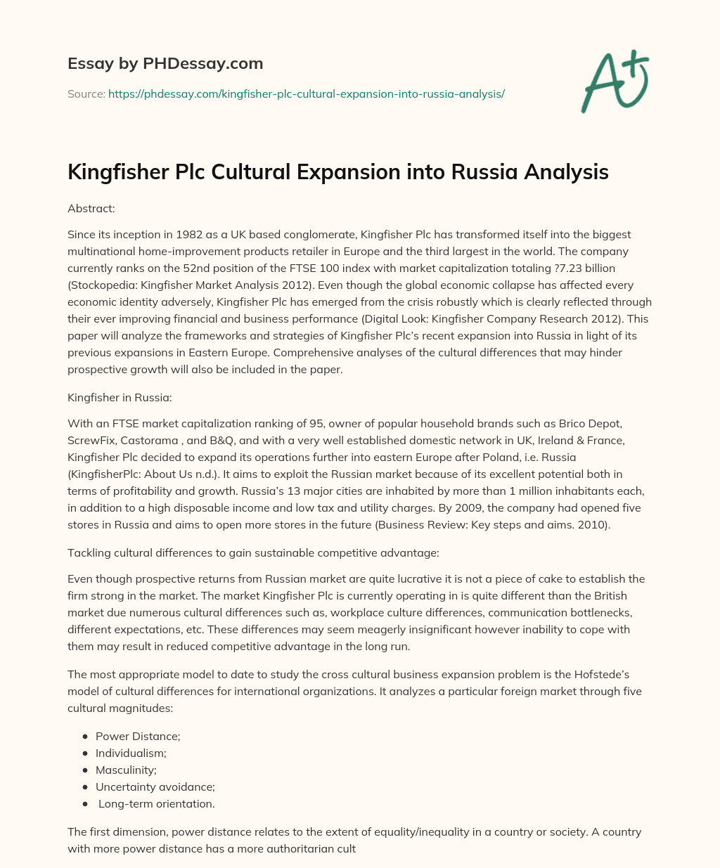 Kingfisher Plc Cultural Expansion into Russia Analysis essay