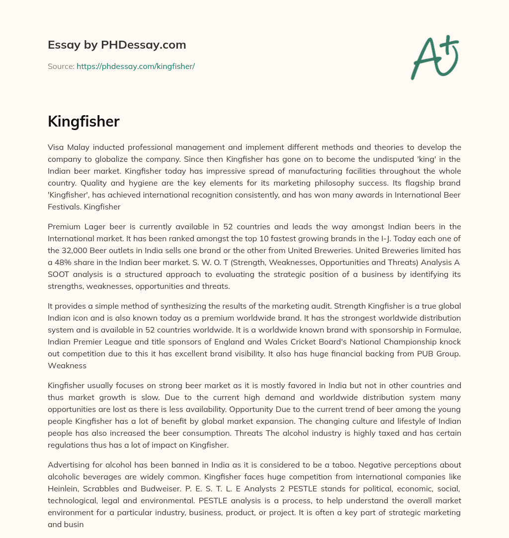 Kingfisher: From Professional Management to Global Success essay