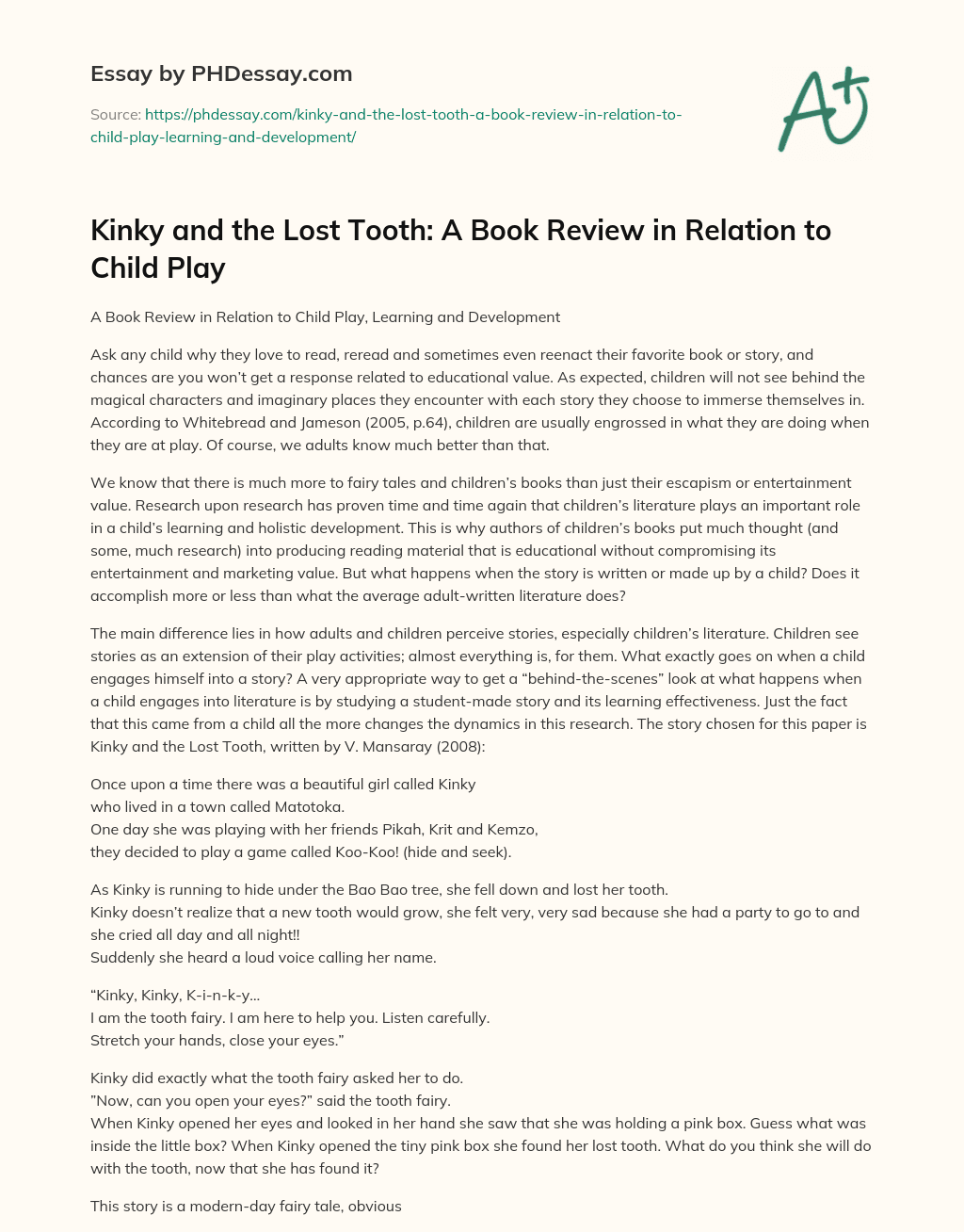 Kinky and the Lost Tooth: A Book Review in Relation to Child Play essay
