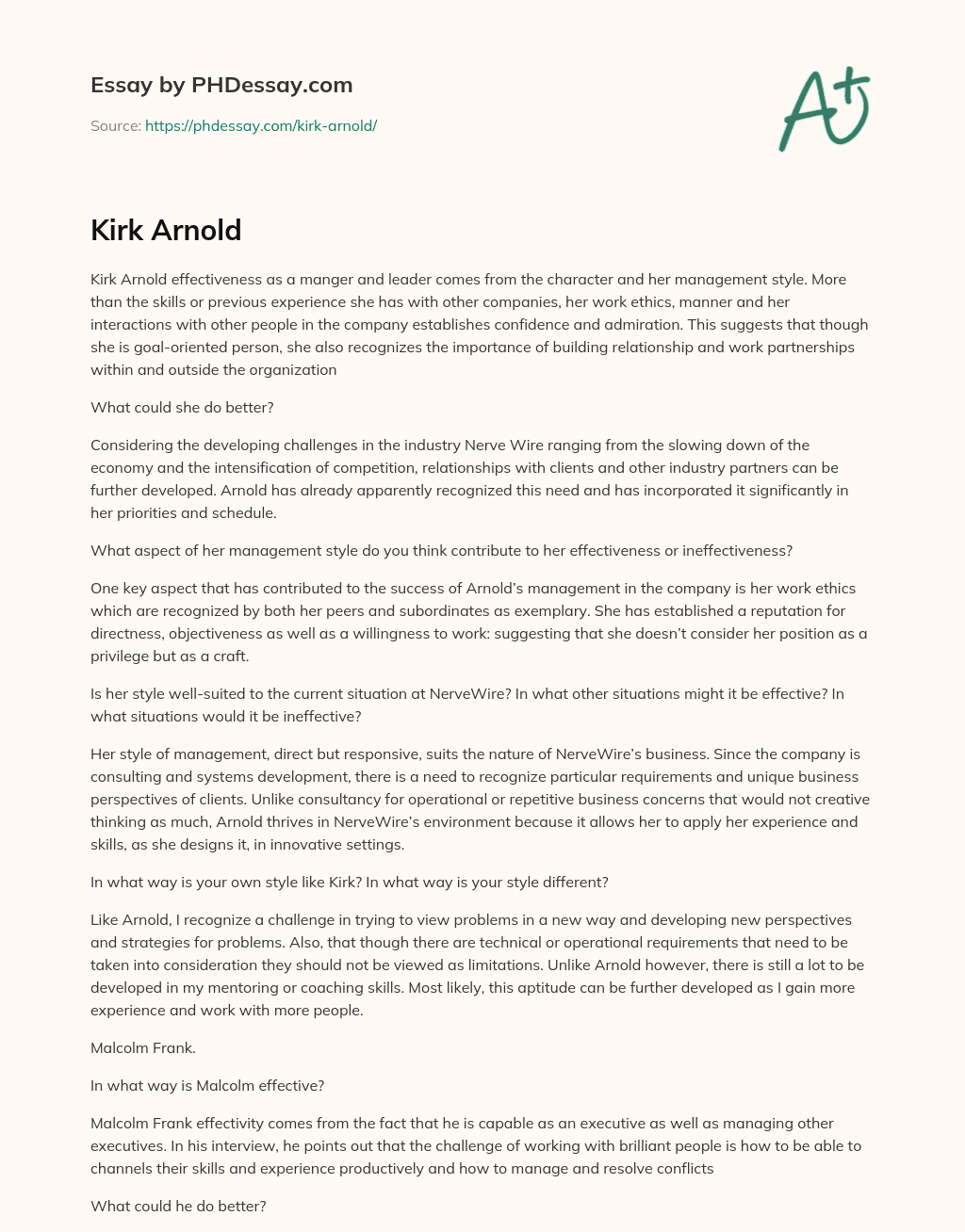 Effective Management Style and Work Ethics of Kirk Arnold essay