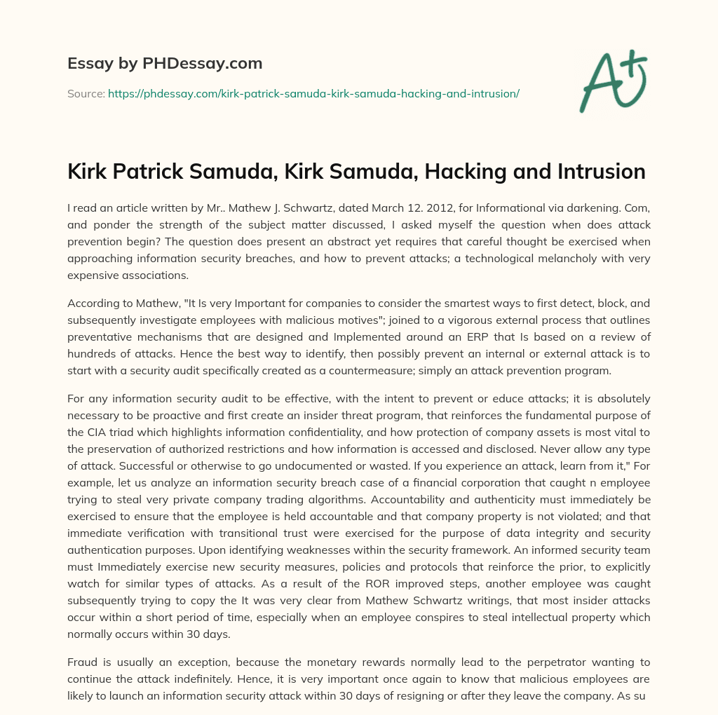 Kirk Patrick Samuda, Kirk Samuda, Hacking and Intrusion essay