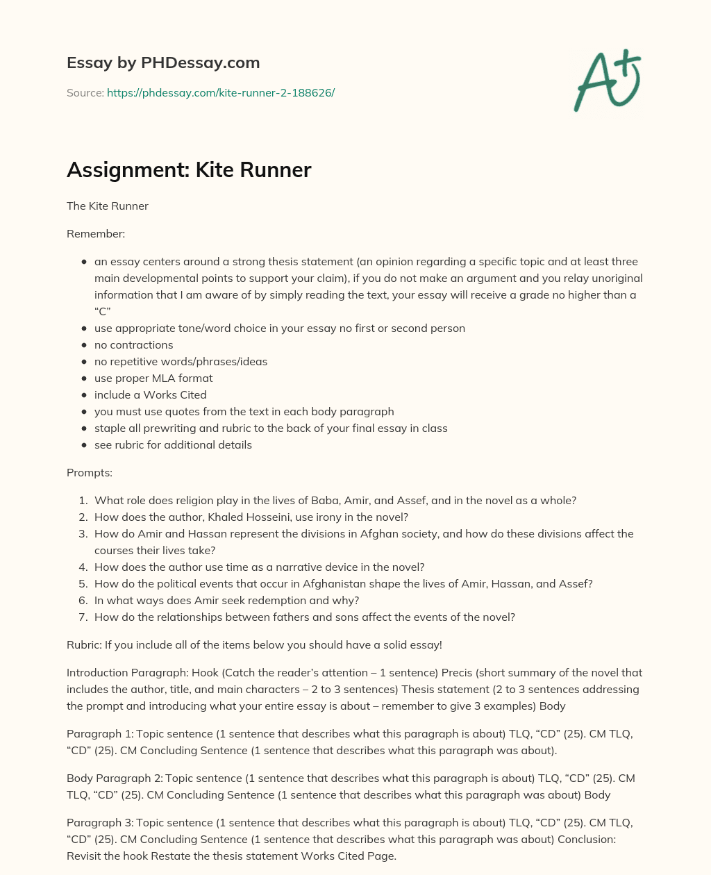 Assignment: Kite Runner essay