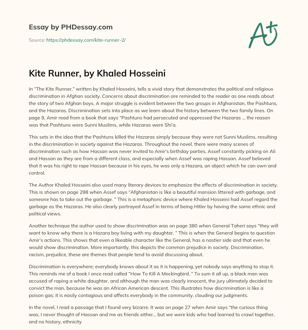 Kite Runner, by Khaled Hosseini essay