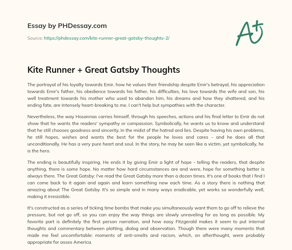Kite Runner + Great Gatsby Thoughts essay