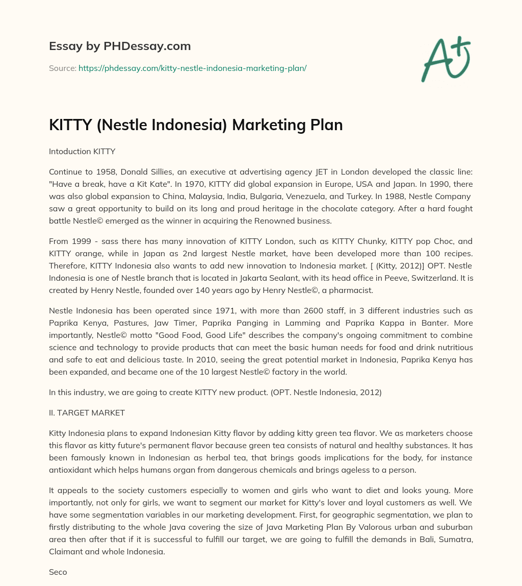KITTY (Nestle Indonesia) Marketing Plan essay