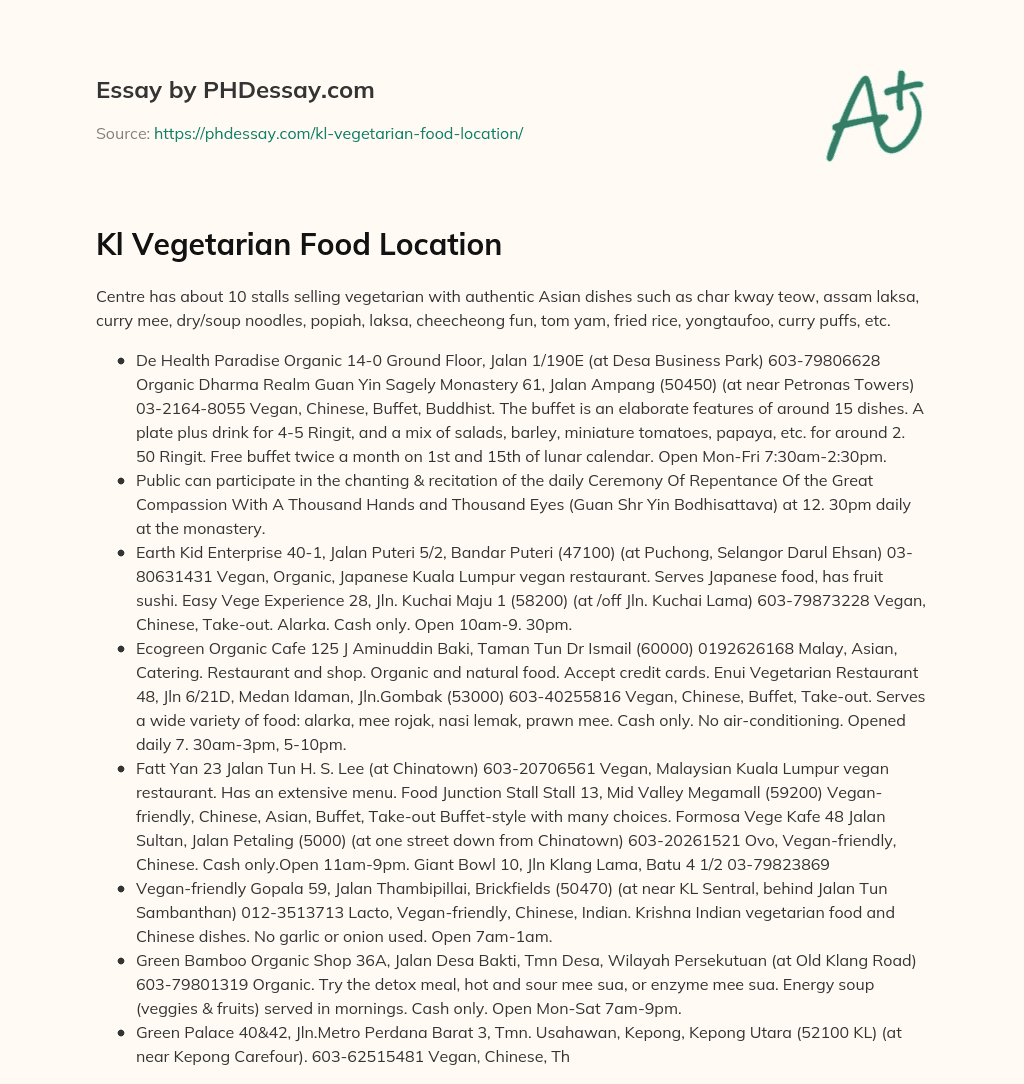 Kl Vegetarian Food Location essay