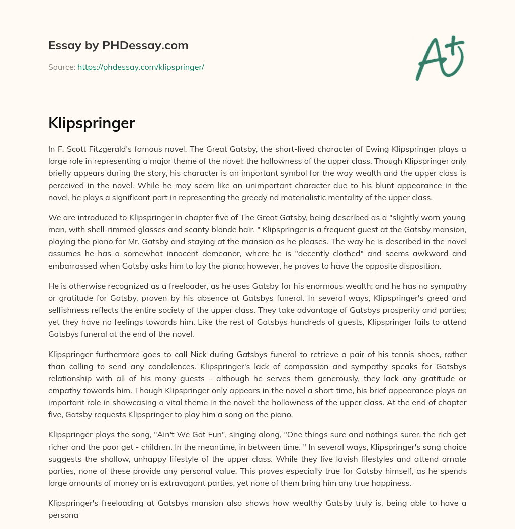 Ewing Klipspringer: A Symbol of the Hollowness of the Upper Class in The Great Gatsby essay