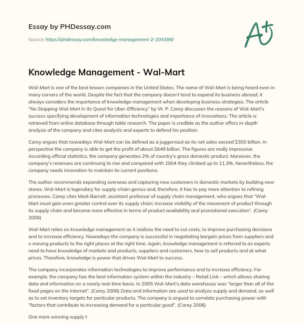 Knowledge Management – Wal-Mart essay