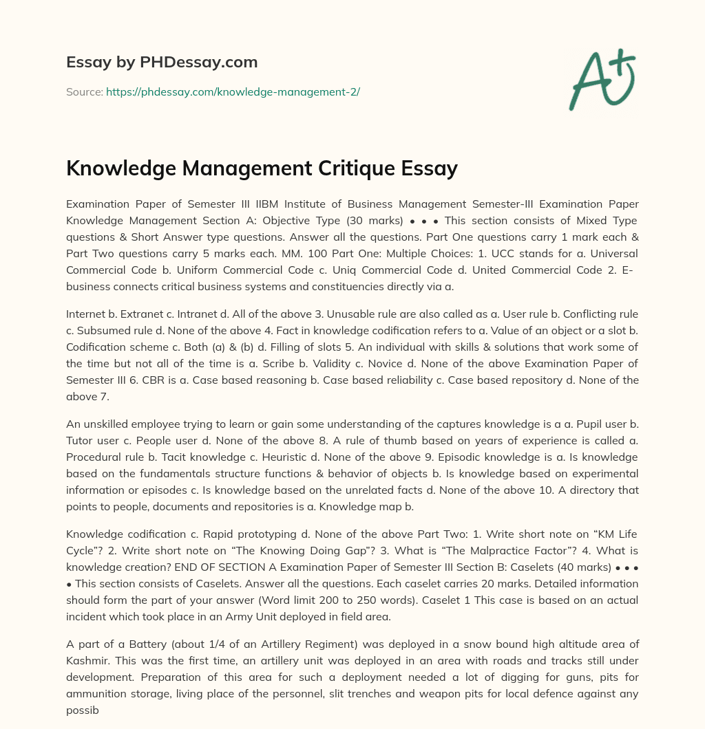 Knowledge Management Critique Essay essay