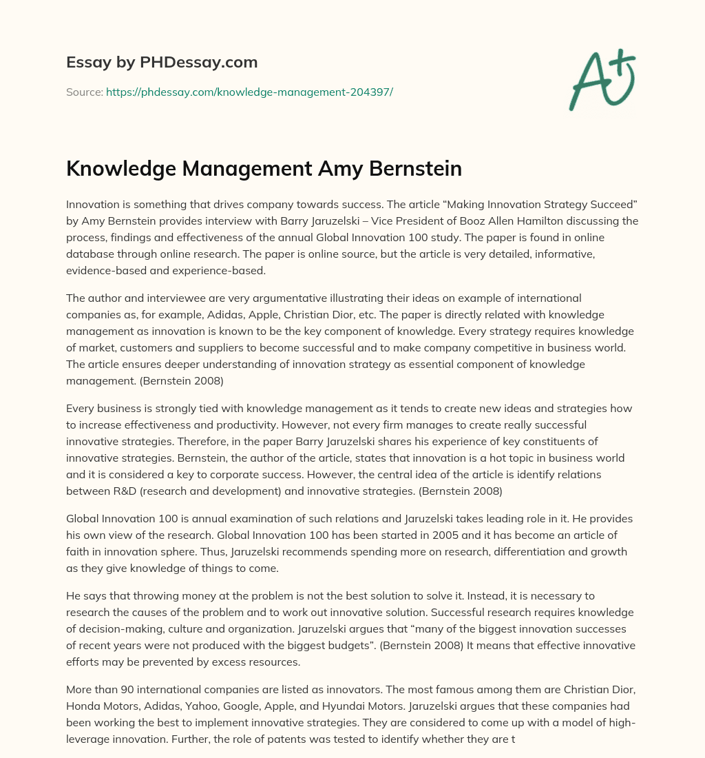 Knowledge Management Amy Bernstein essay