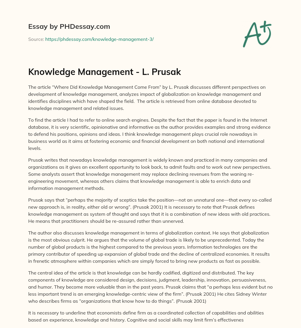 Knowledge Management – L. Prusak essay