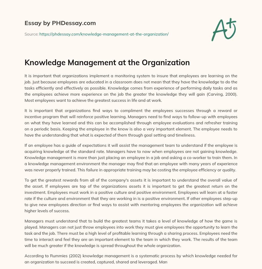 Knowledge Management at the Organization essay