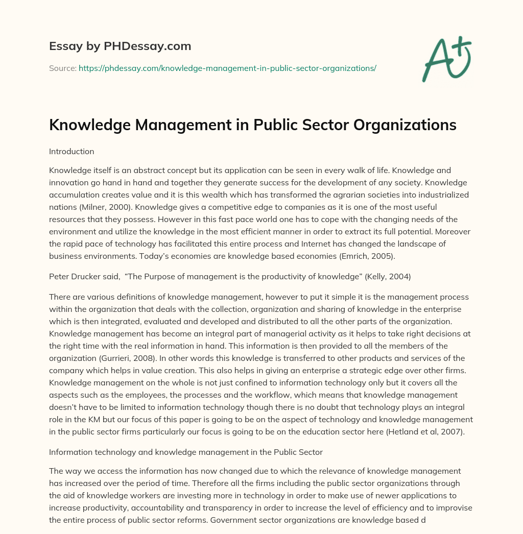 Knowledge Management in Public Sector Organizations essay