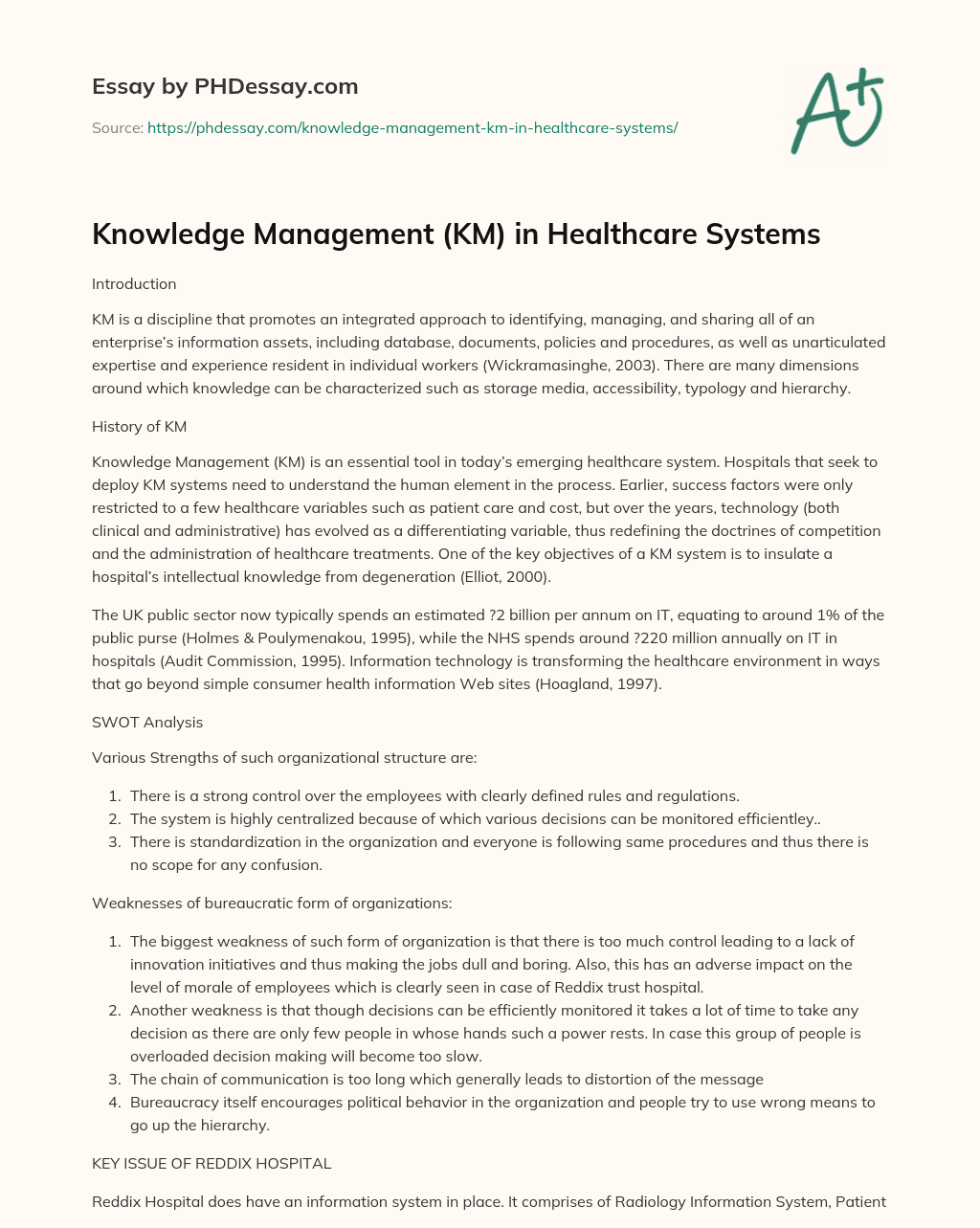 Knowledge Management (KM) in Healthcare Systems essay
