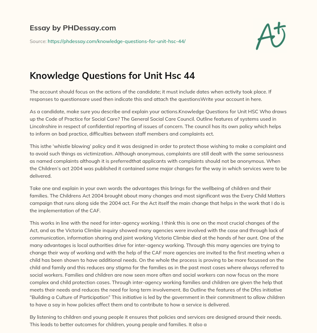 Knowledge Questions for Unit Hsc 44 essay