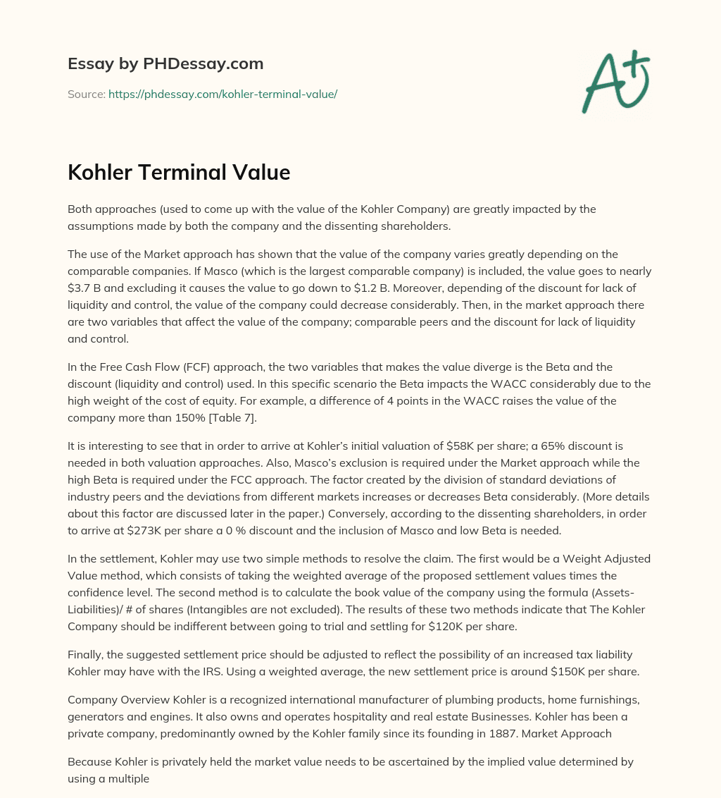 Kohler Terminal Value essay