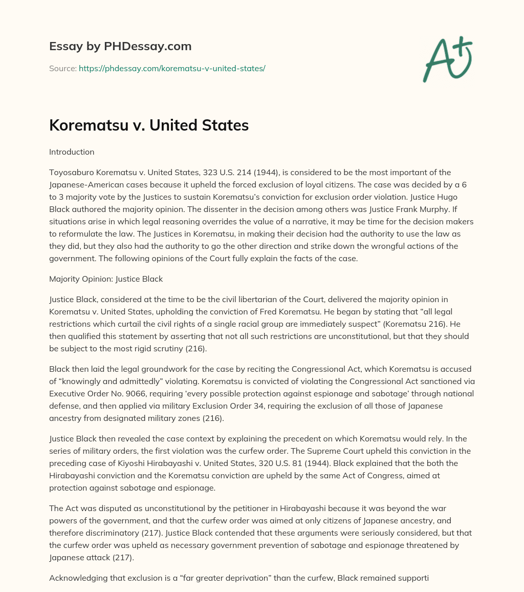 Korematsu v. United States essay