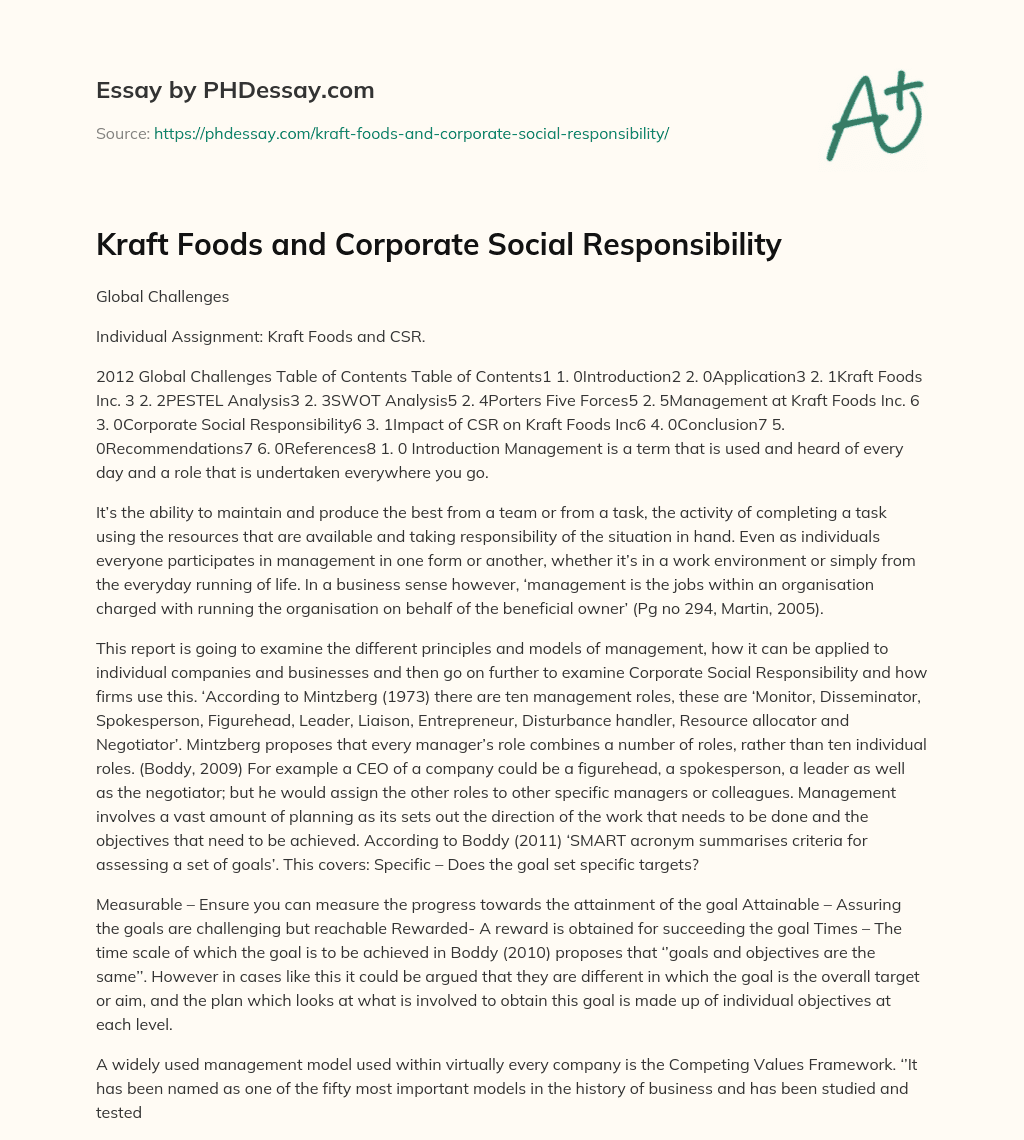 Kraft Foods and Corporate Social Responsibility essay