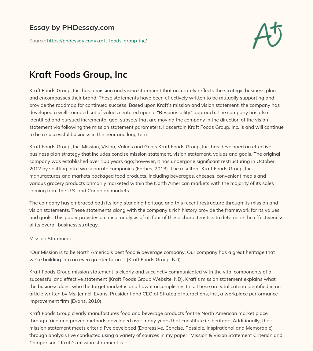 Kraft Foods Group, Inc essay