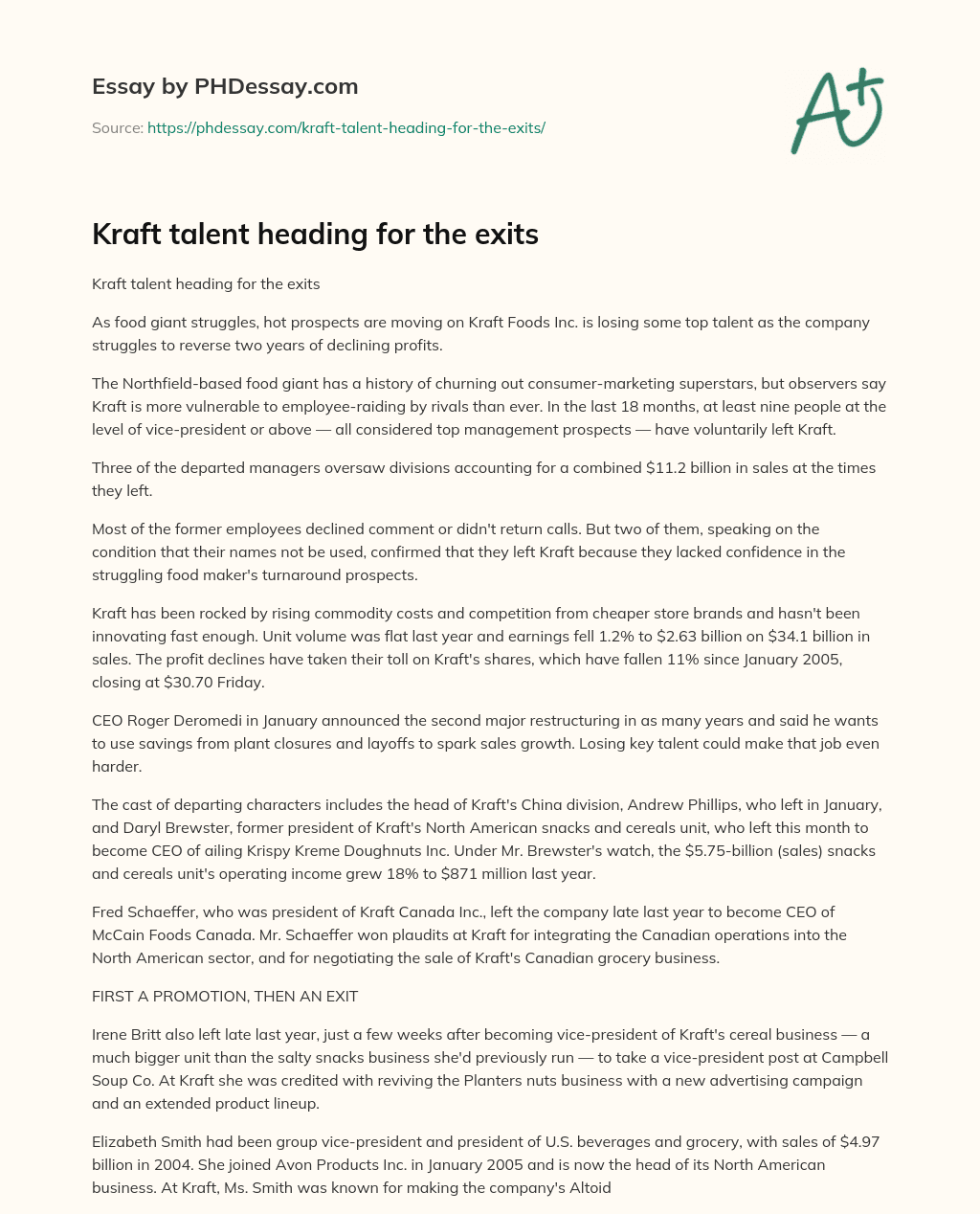 Kraft talent heading for the exits essay