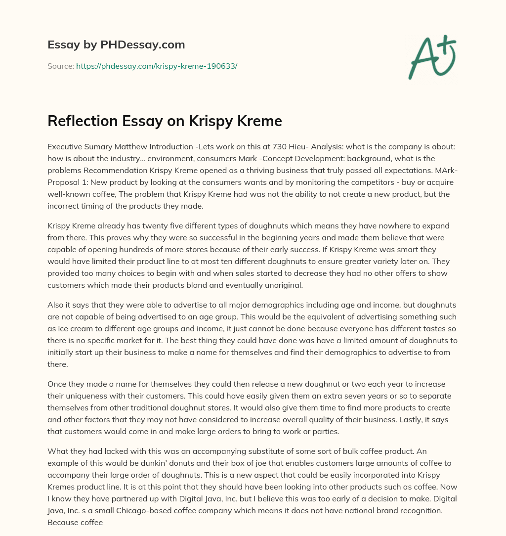Reflection Essay on Krispy Kreme essay