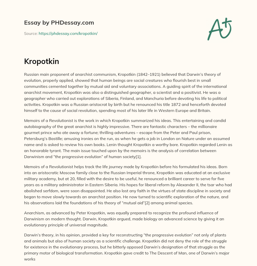 Kropotkin: Anarchist Communist and Geographer essay