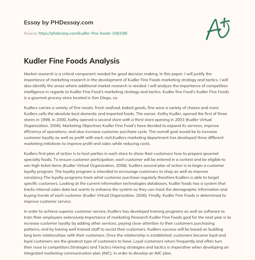 Kudler Fine Foods Analysis essay