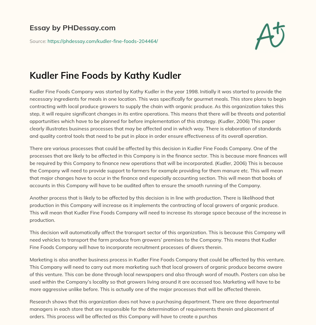 Kudler Fine Foods by Kathy Kudler essay