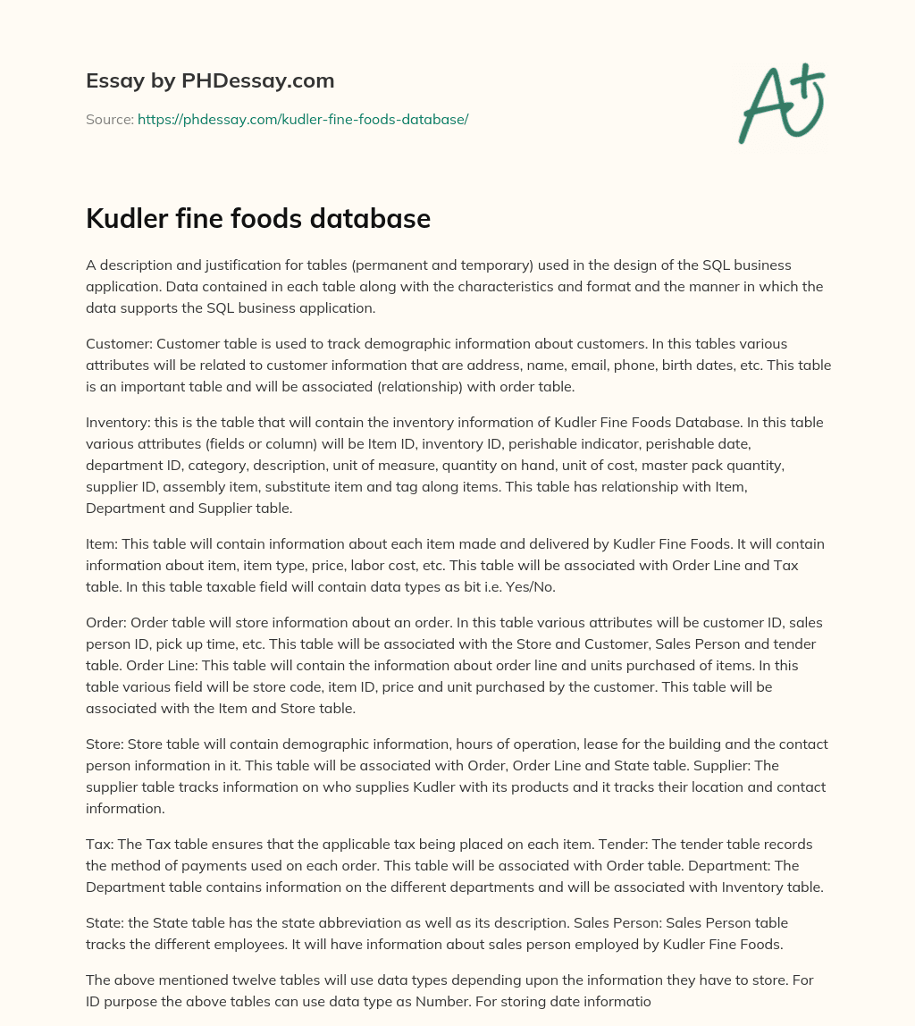 Kudler fine foods database essay