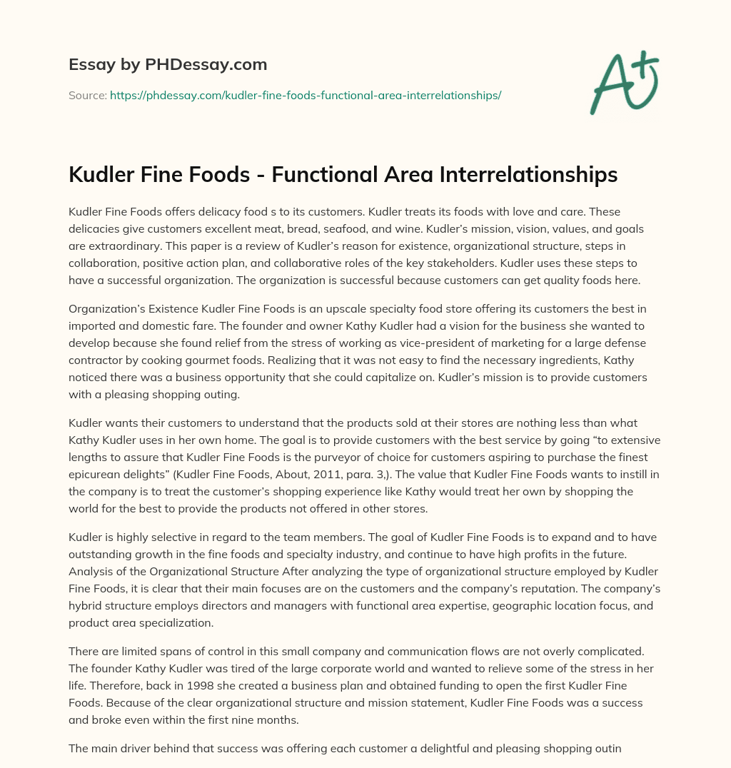 Kudler Fine Foods – Functional Area Interrelationships essay