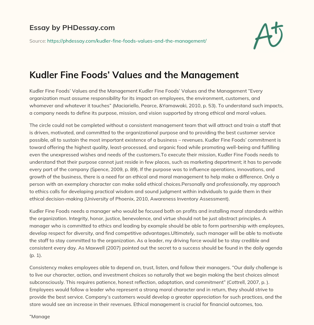 Kudler Fine Foods’ Values and the Management essay