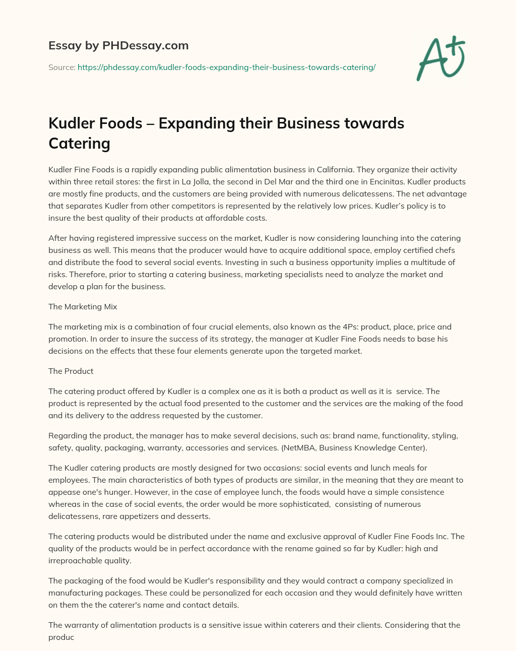 Kudler Foods – Expanding their Business towards Catering essay
