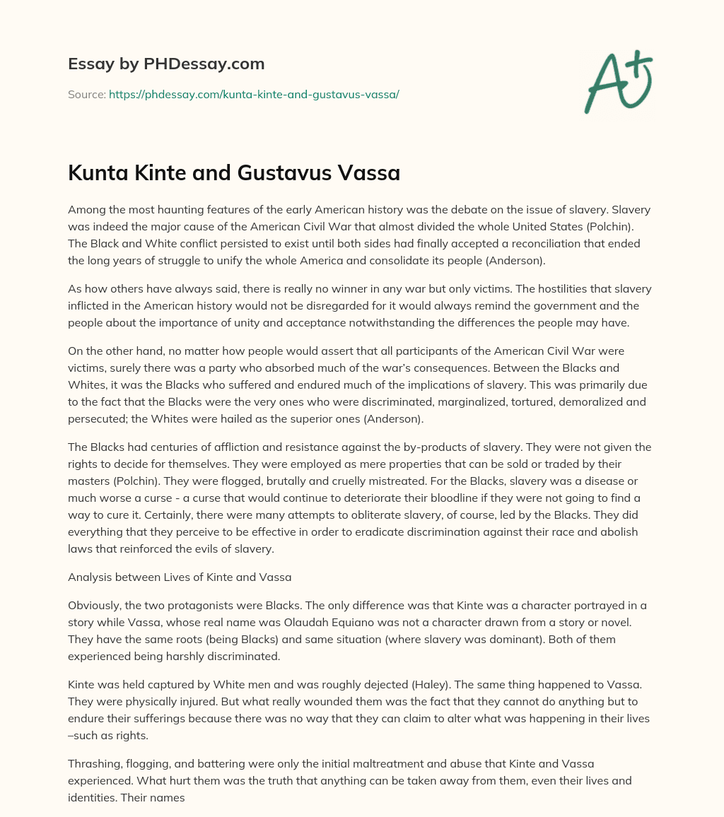 Kunta Kinte and Gustavus Vassa essay