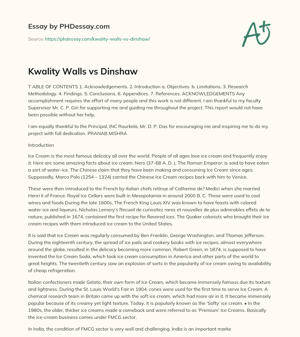 Kwality Walls vs Dinshaw essay