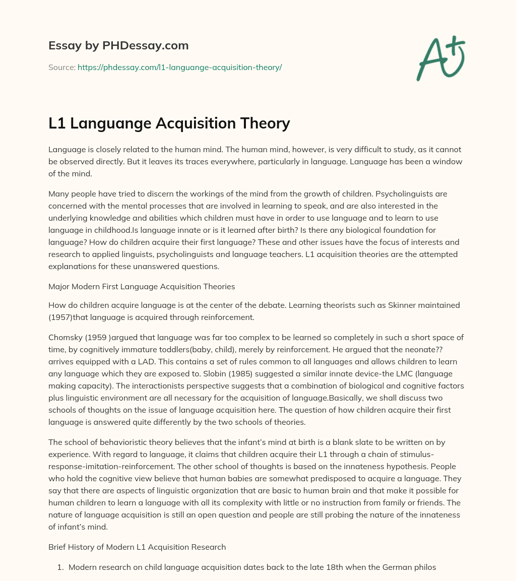 L1 Languange Acquisition Theory essay