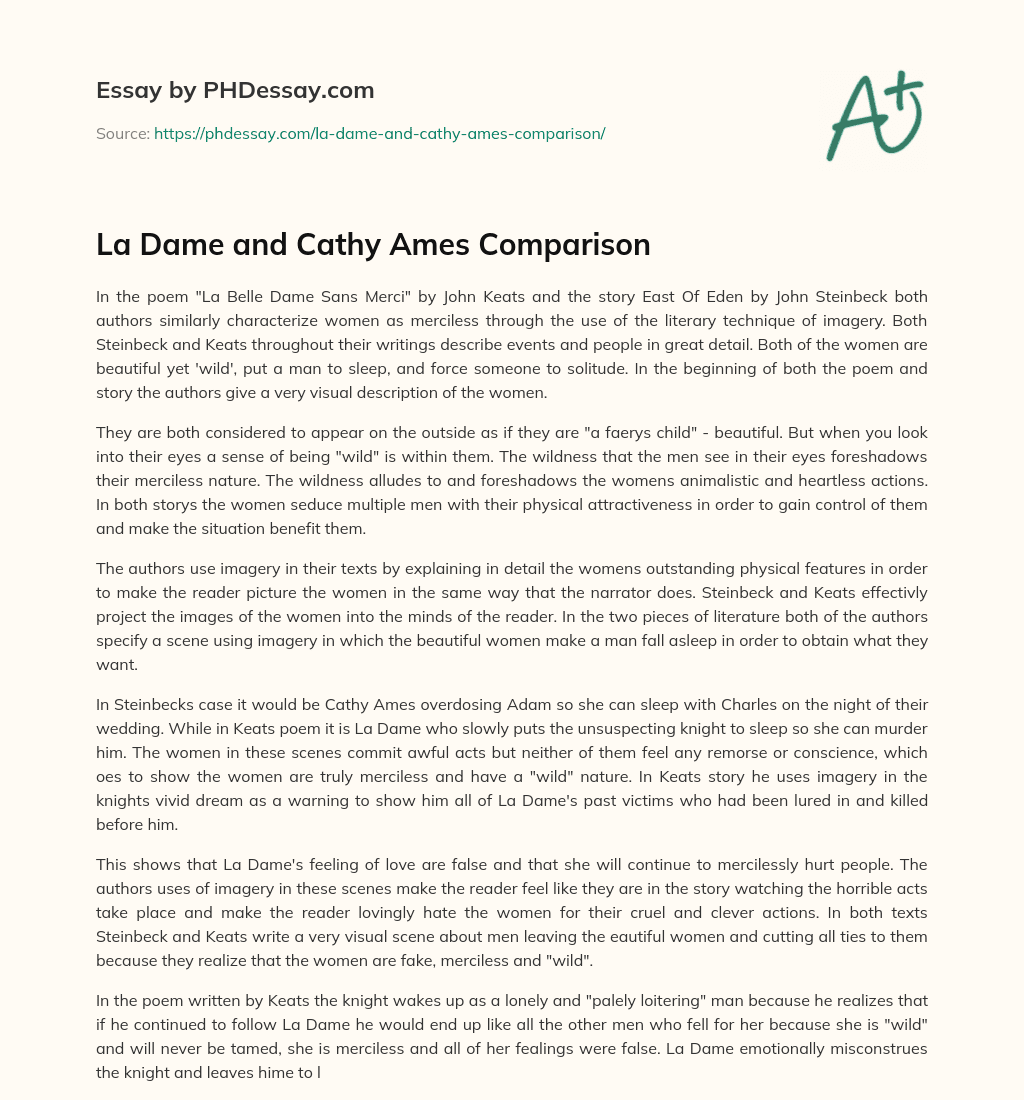 La Dame and Cathy Ames Comparison essay