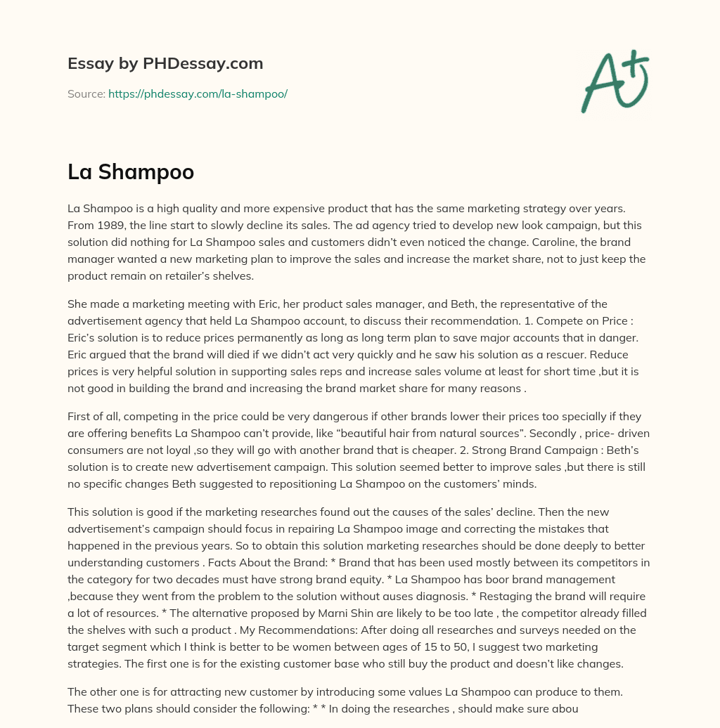 La Shampoo’s Marketing Dilemma: Competing on Price or Building the Brand? essay