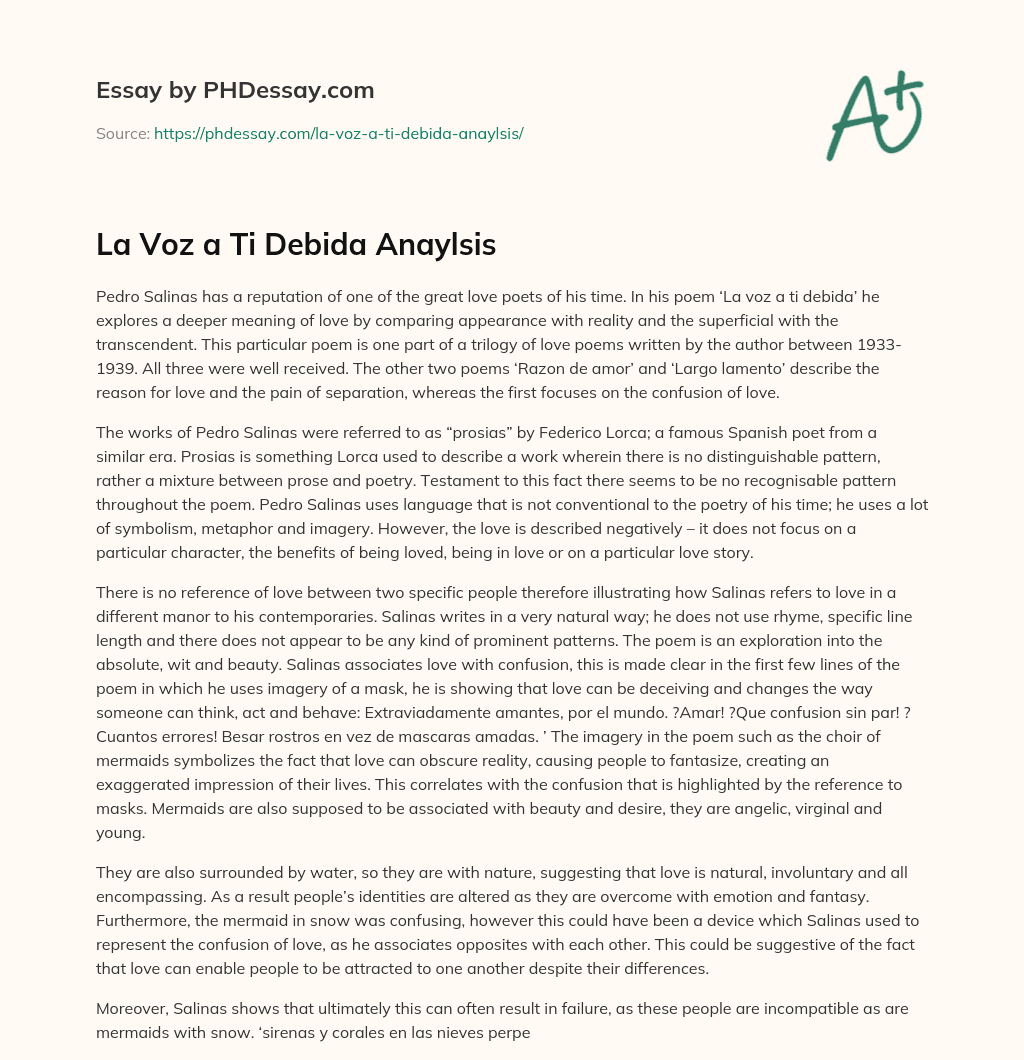 La Voz a Ti Debida Anaylsis essay