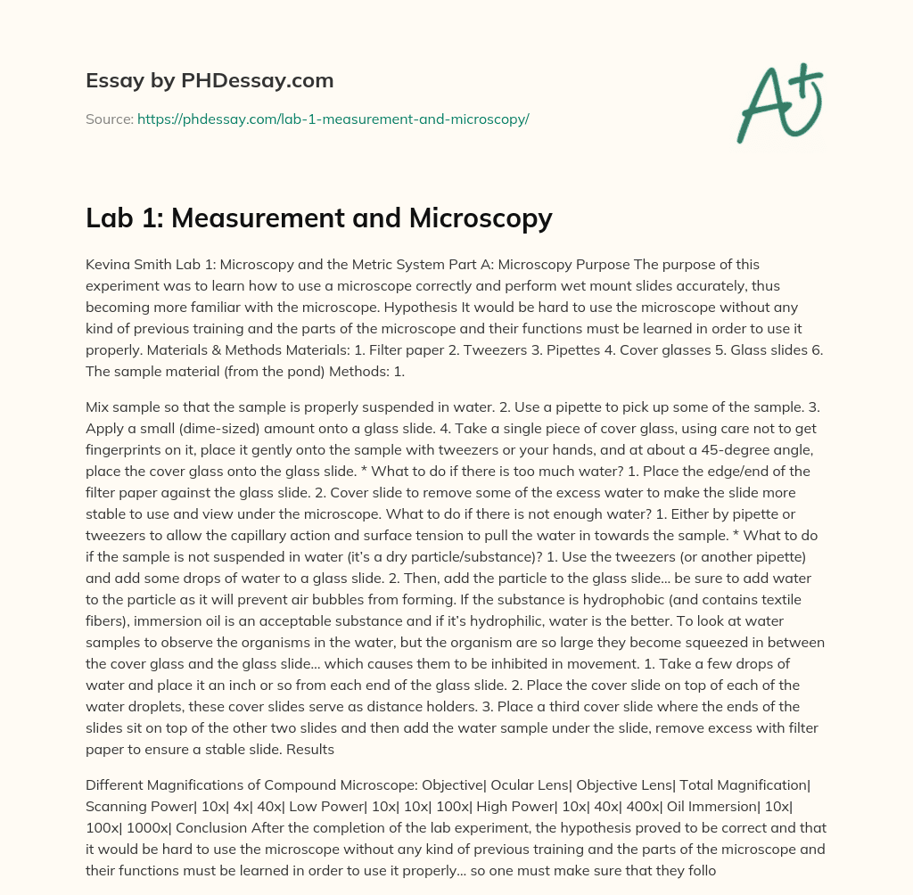 Lab 1: Measurement and Microscopy essay