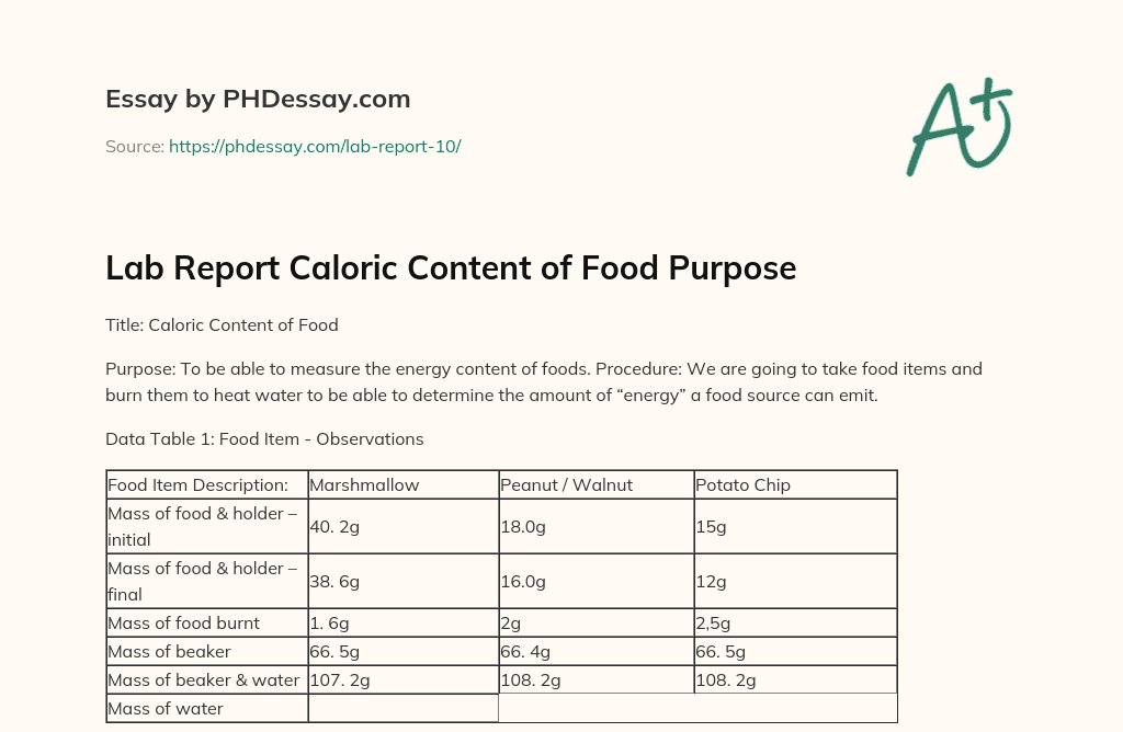 Lab Report Caloric Content of Food Purpose essay