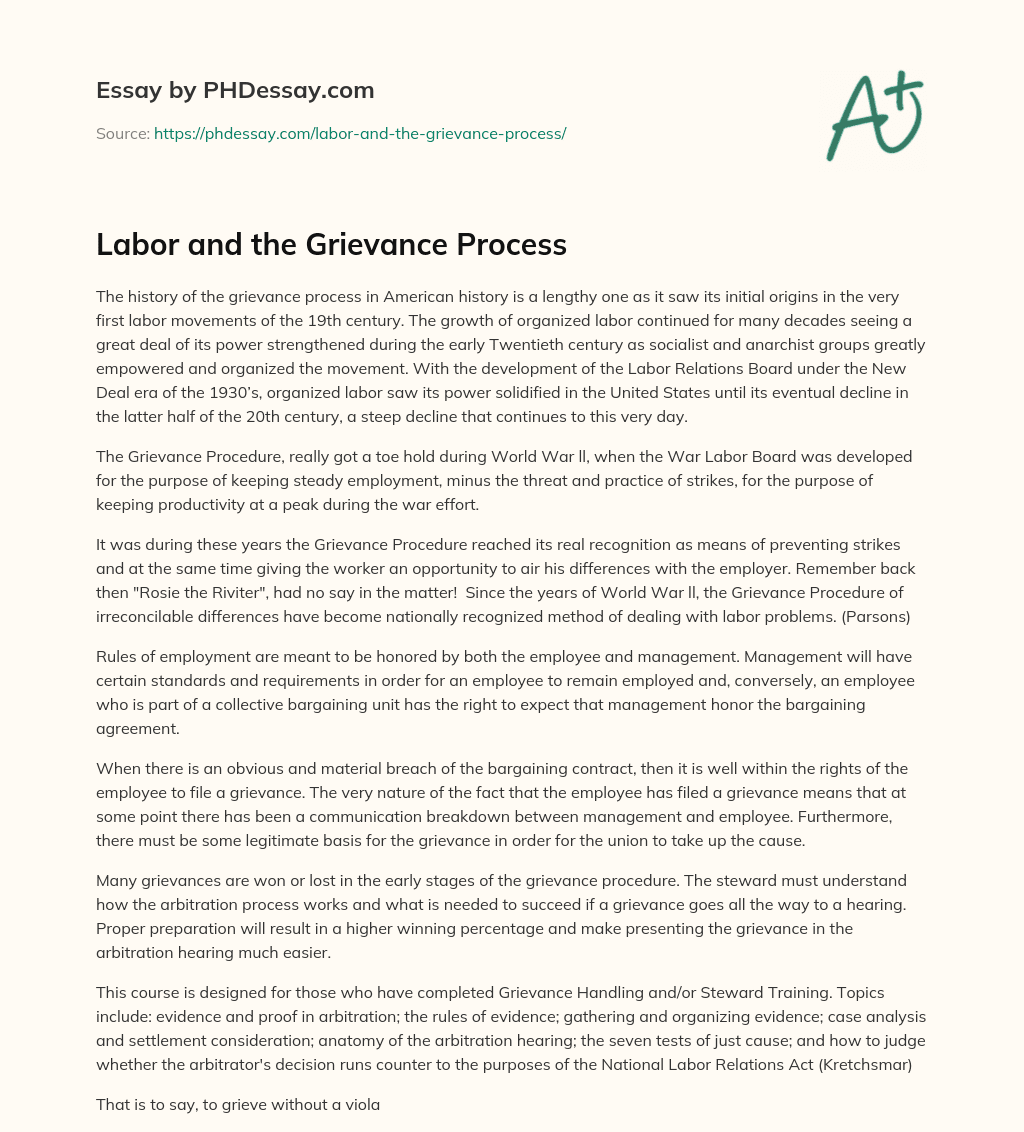 Labor and the Grievance Process essay