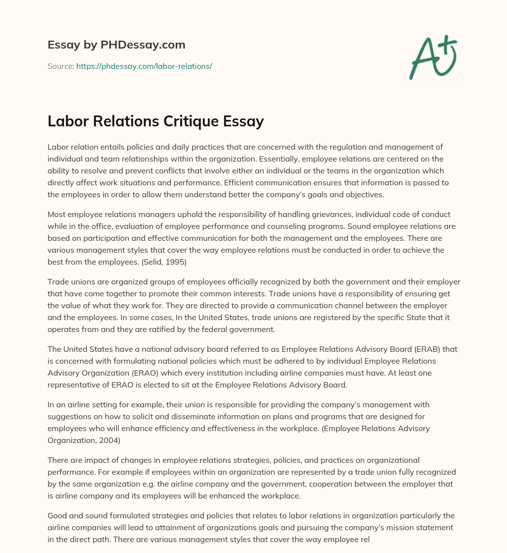 Labor Relations Critique Essay essay
