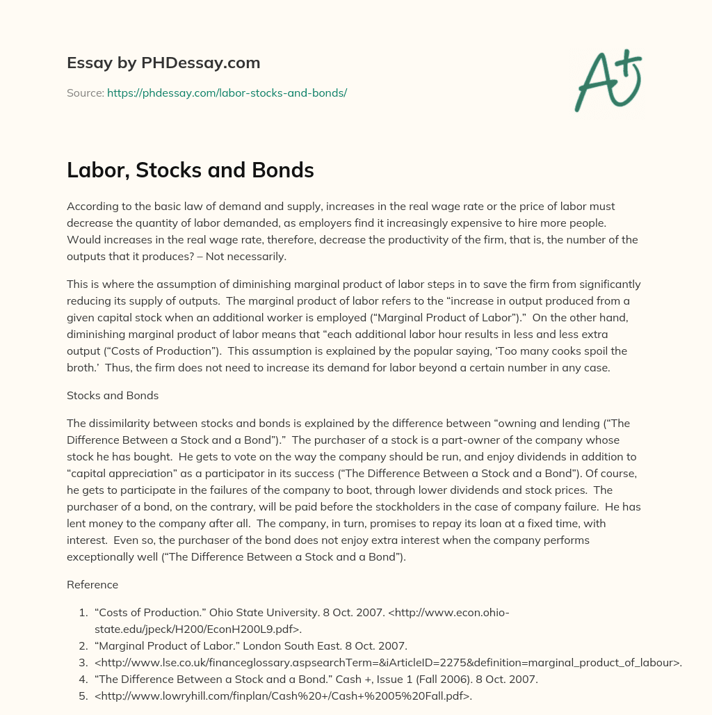 Labor, Stocks and Bonds essay