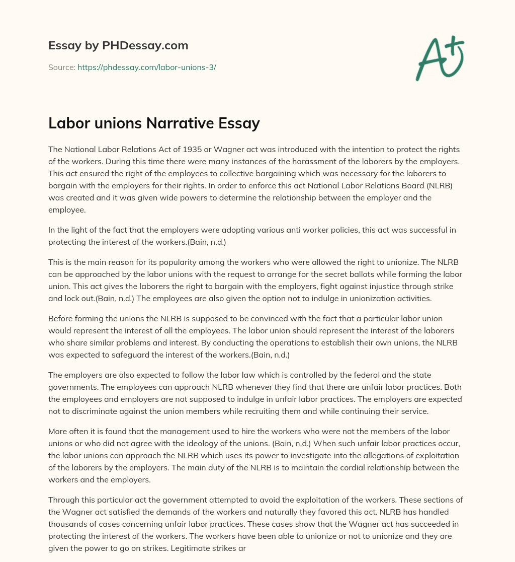 Labor unions Narrative Essay essay