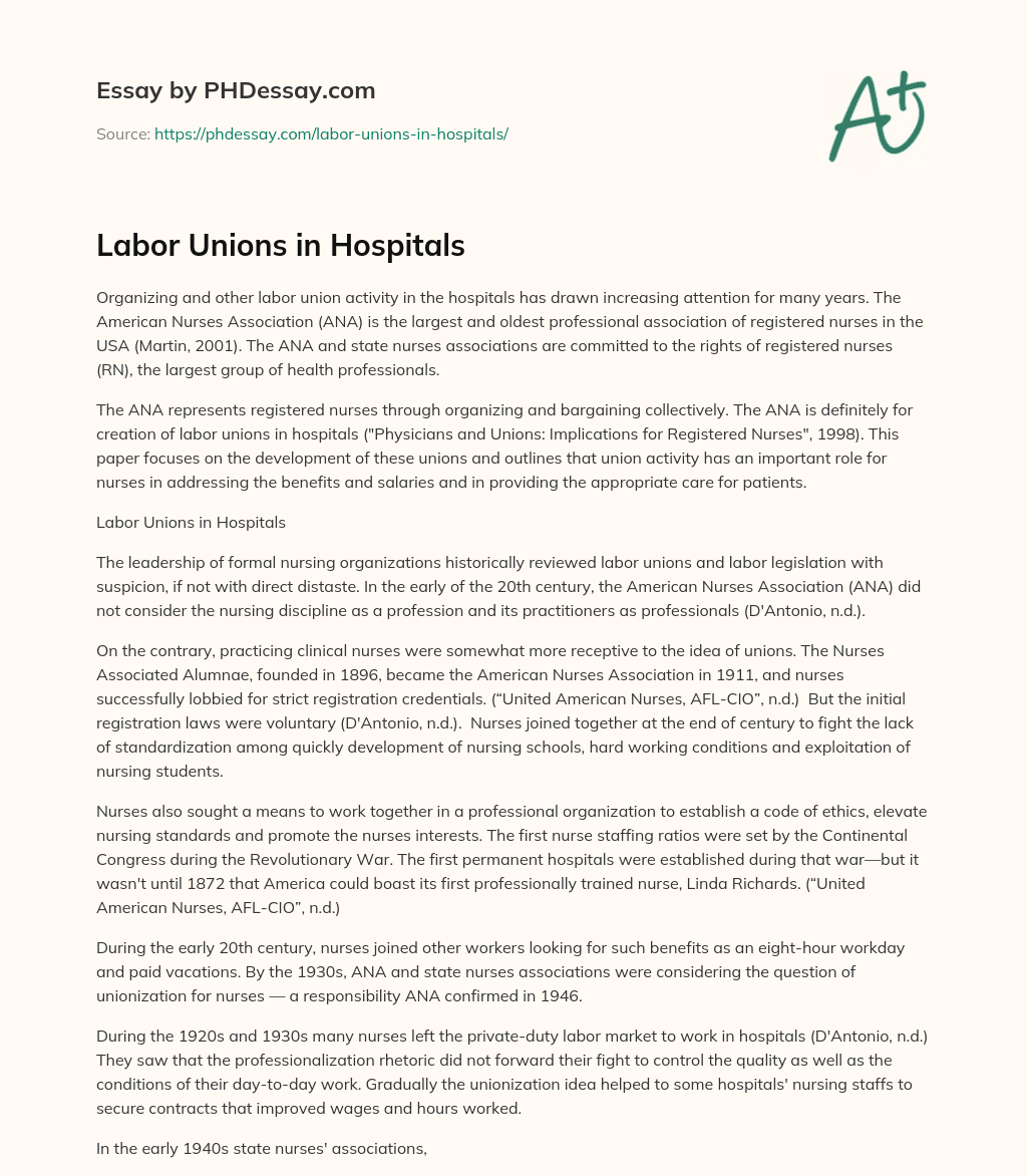 Labor Unions in Hospitals essay