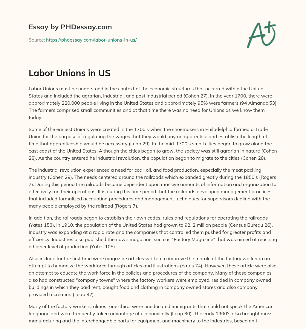 Labor Unions in US essay