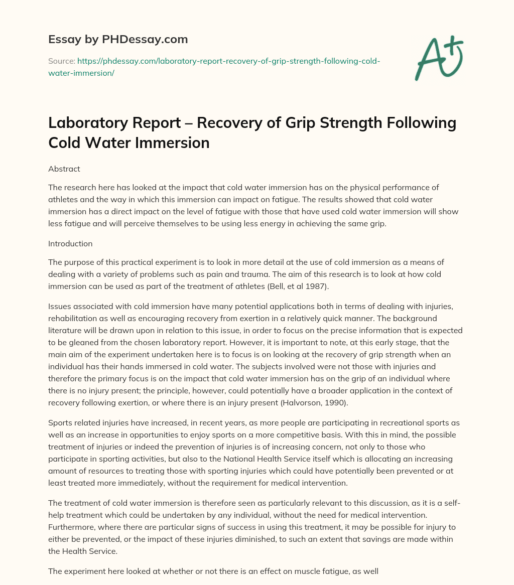 Laboratory Report – Recovery of Grip Strength Following Cold Water Immersion essay