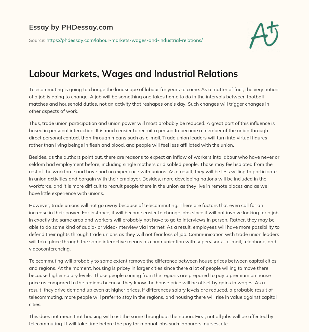 Labour Markets, Wages and Industrial Relations essay
