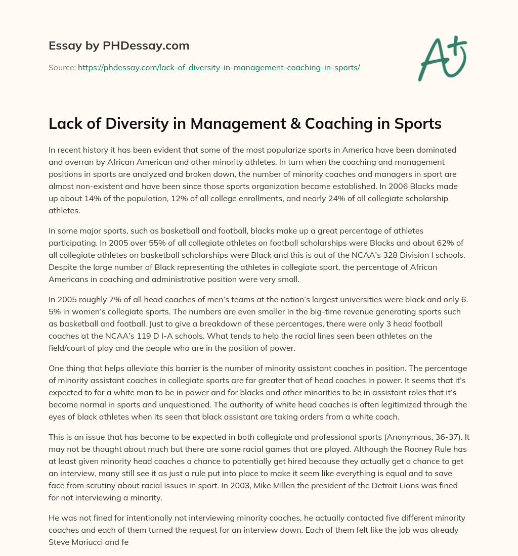 Lack of Diversity in Management & Coaching in Sports essay